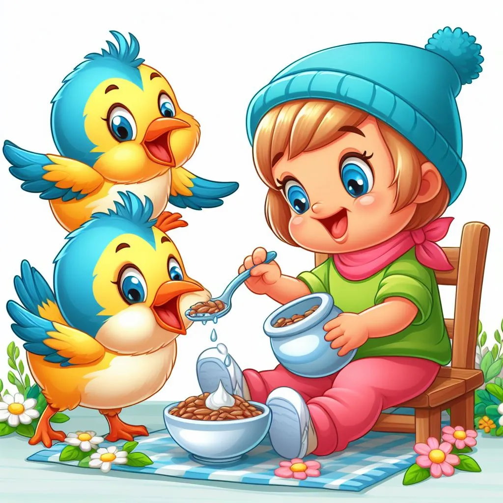 a little girl feeding two birds with a bowl of cereal