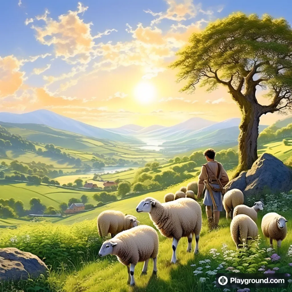 a painting of a man leading a flock of sheep