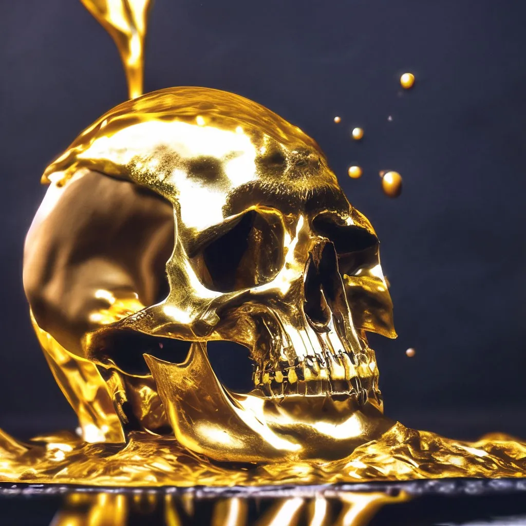 A gold skull with melting gold pouring from the eyesockets, against a dark background