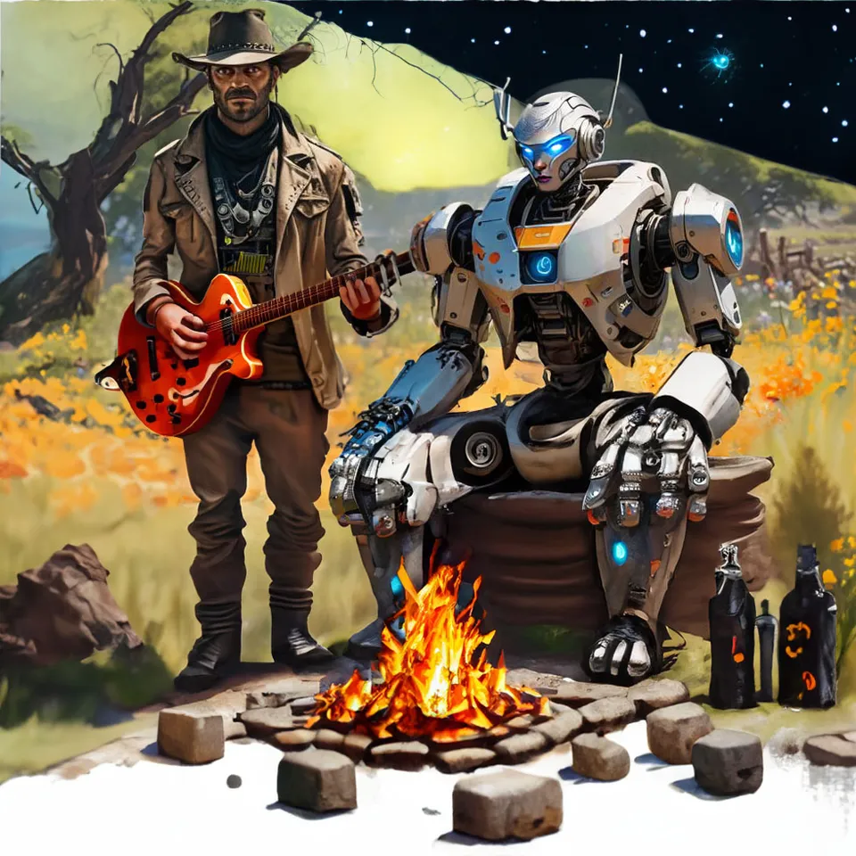 a man playing a guitar and singing next to a robot who leans forward to look at the fire