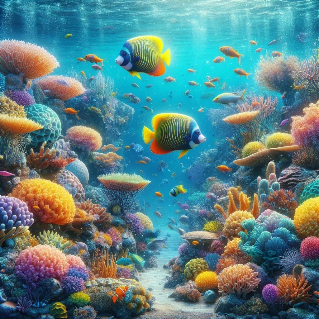 a painting of a coral reef with fish