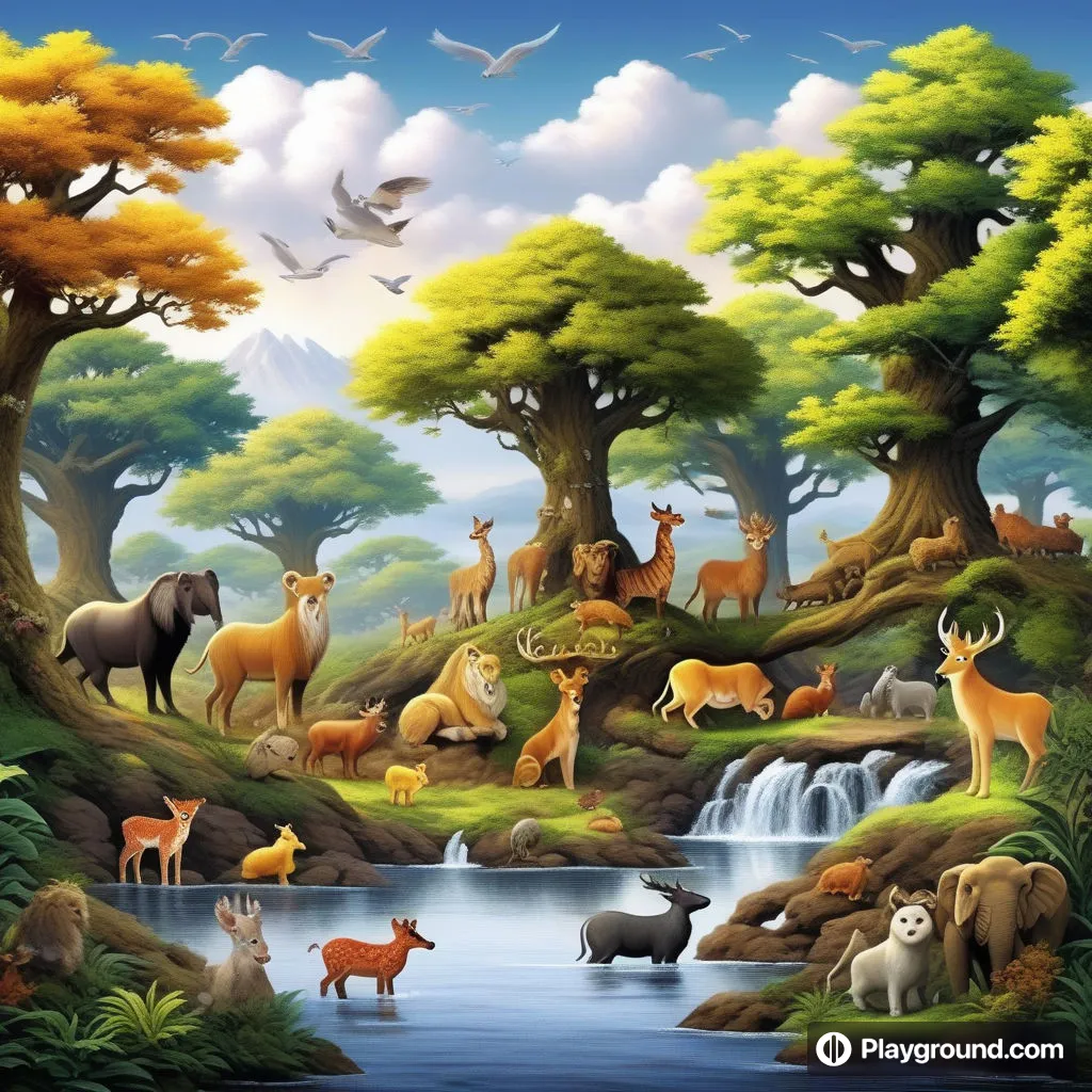 a painting of animals in a forest by a river