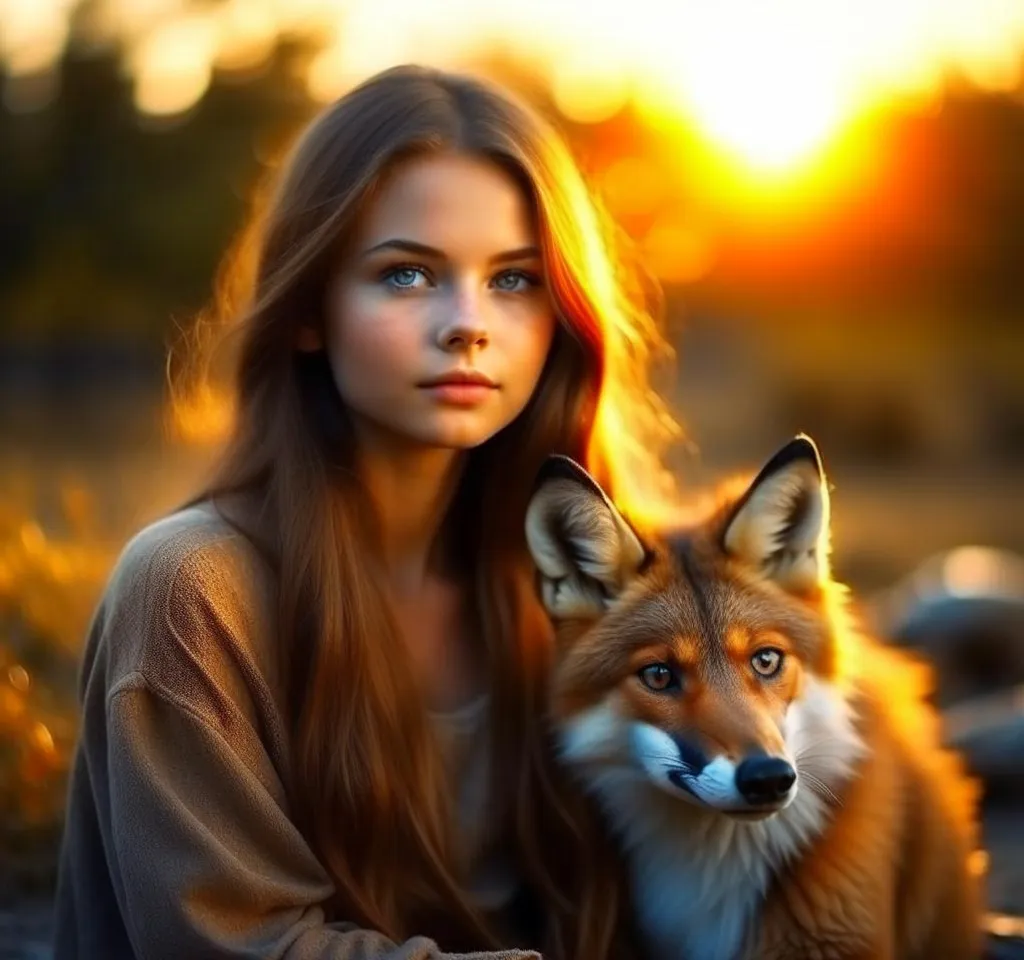 a woman sitting next to a red fox