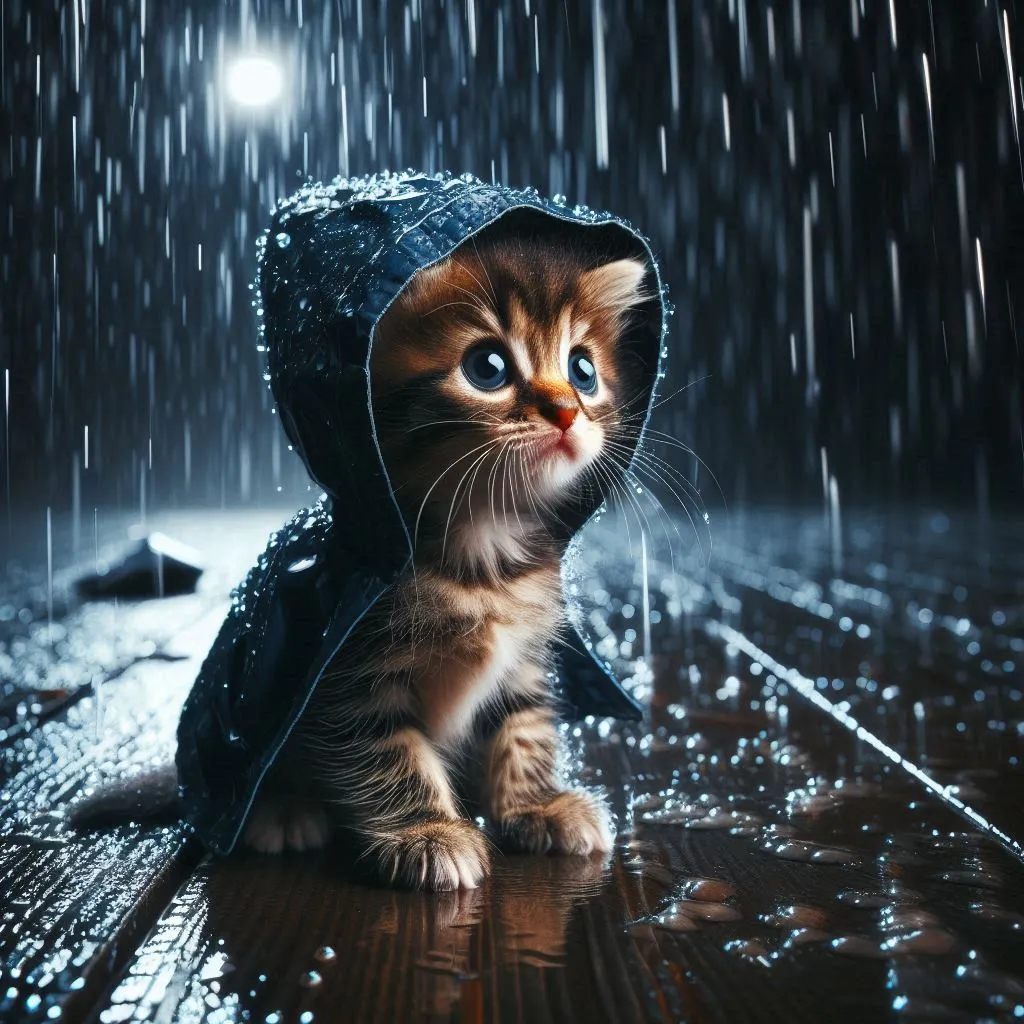 a small kitten wearing a raincoat in the rain