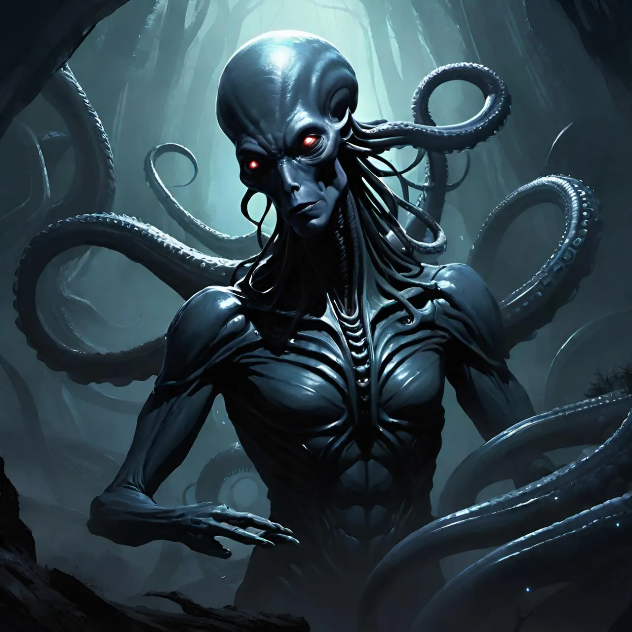 an alien woman with red eyes standing in a dark forest