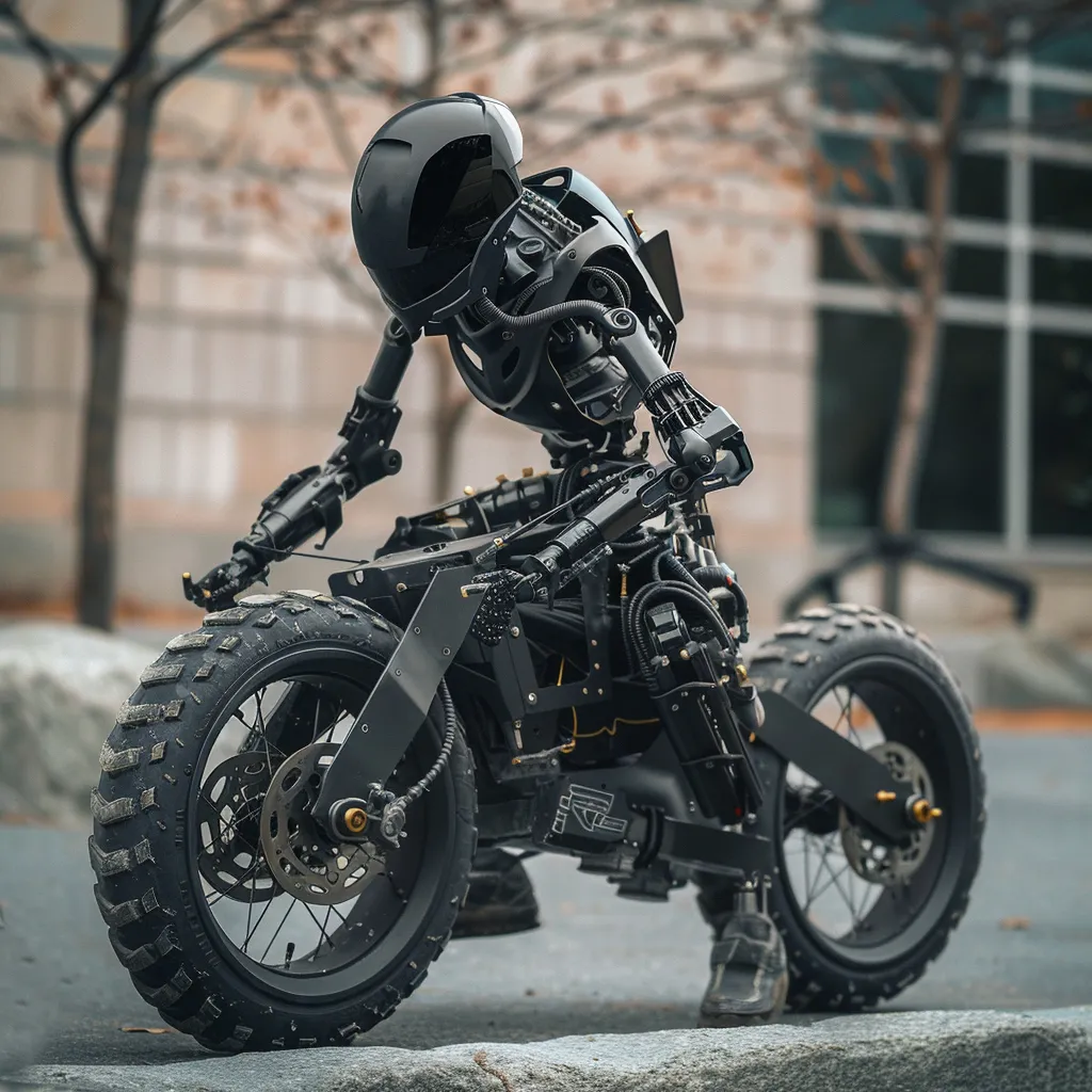 A robot cruising on a motorcycle through a deserted, post-apocalyptic cityscape