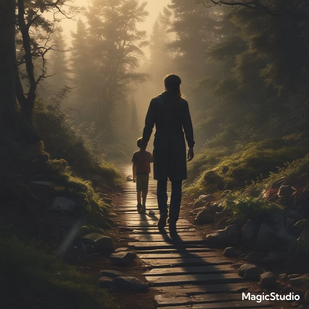 a man and a child walking down a path in the woods, sun rays, detailed. cinematically dramatic, hyper realistic, cinematic view, stability