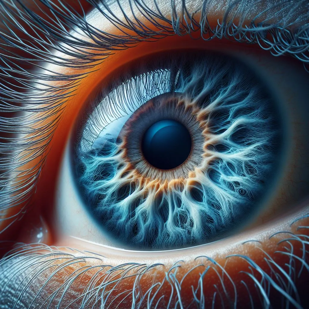 a close up of an eye with a blue iris