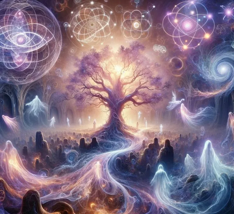 a painting of a tree surrounded by other things