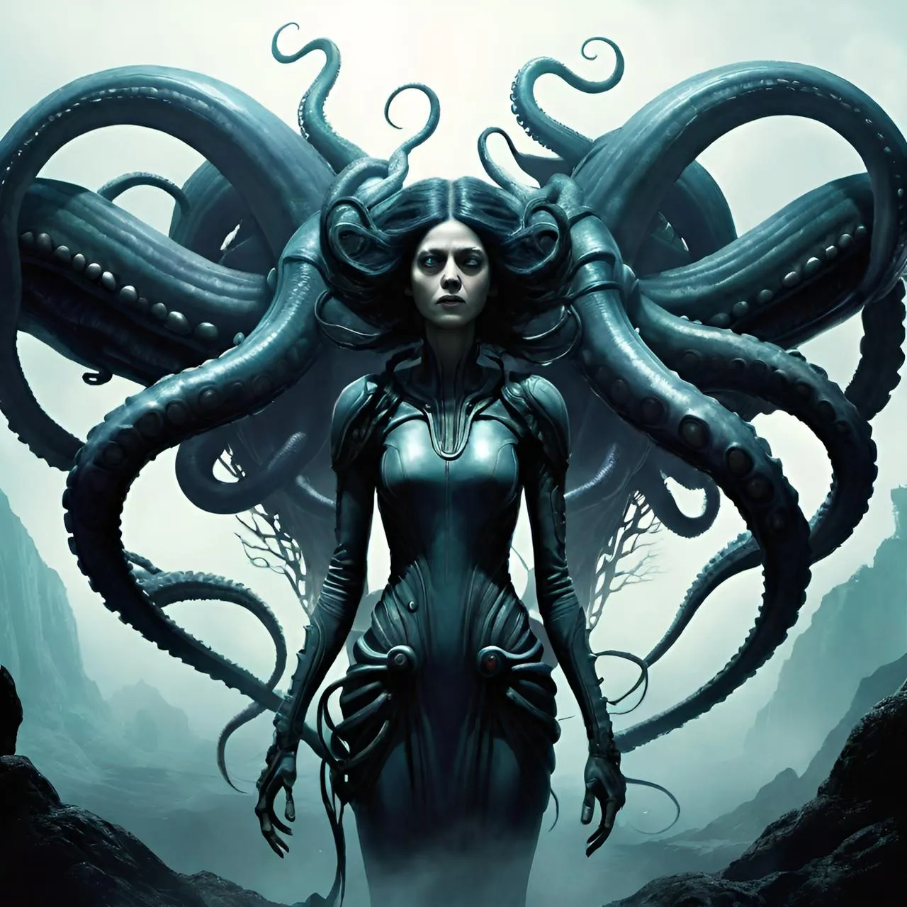 a woman standing in front of a giant octopus