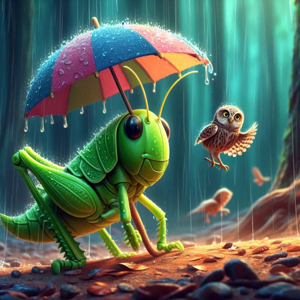 a green grasshopper holding an umbrella in the rain