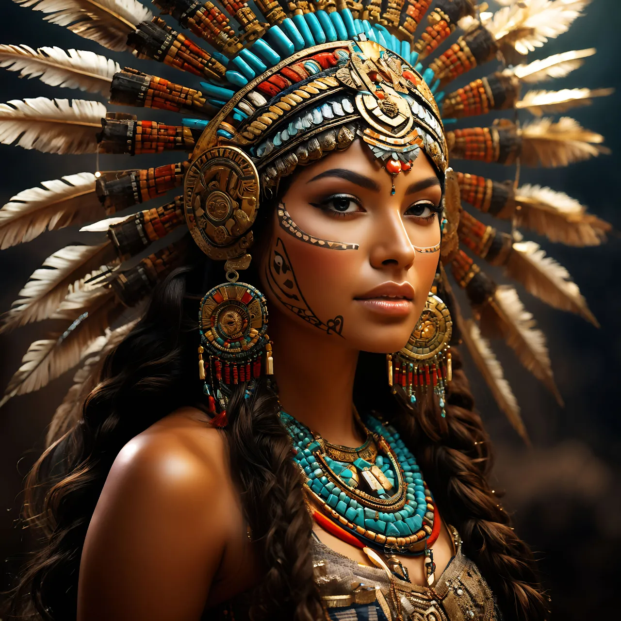 a woman wearing a headdress with feathers on her head