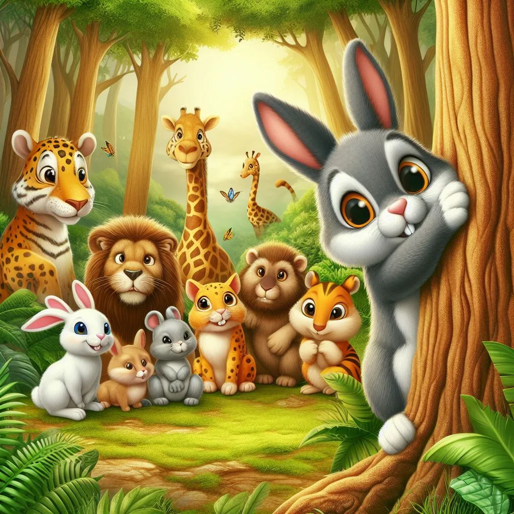 a group of animals that are standing still in the woods staring at rabbit and rabbit jumping and butterfly flapping their wings