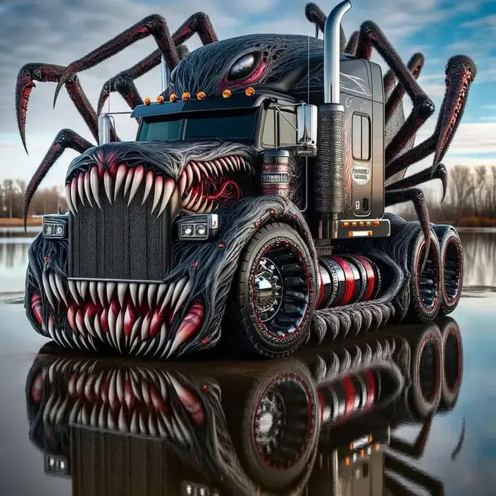 a semi truck with a monster like design on the front