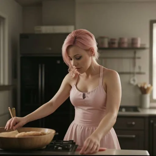 a woman in a pink dress preparing food in a kitchen