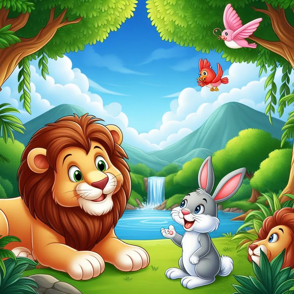 a lion and a rabbit  in the jungle