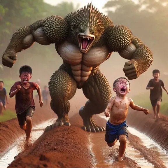 little boy is running away from a giant durian-monster