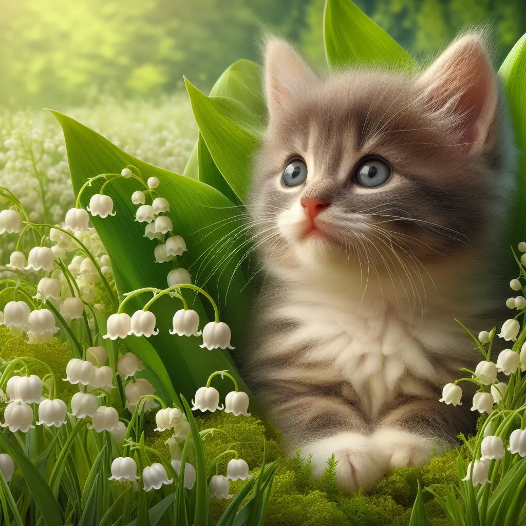 a kitten sitting in a field of lily of the valley, The background is motionless, the kitten turns its head