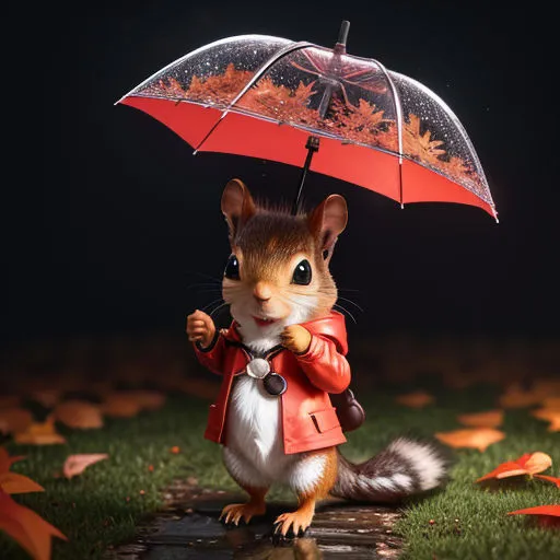 a squirrel holding an umbrella in the rain