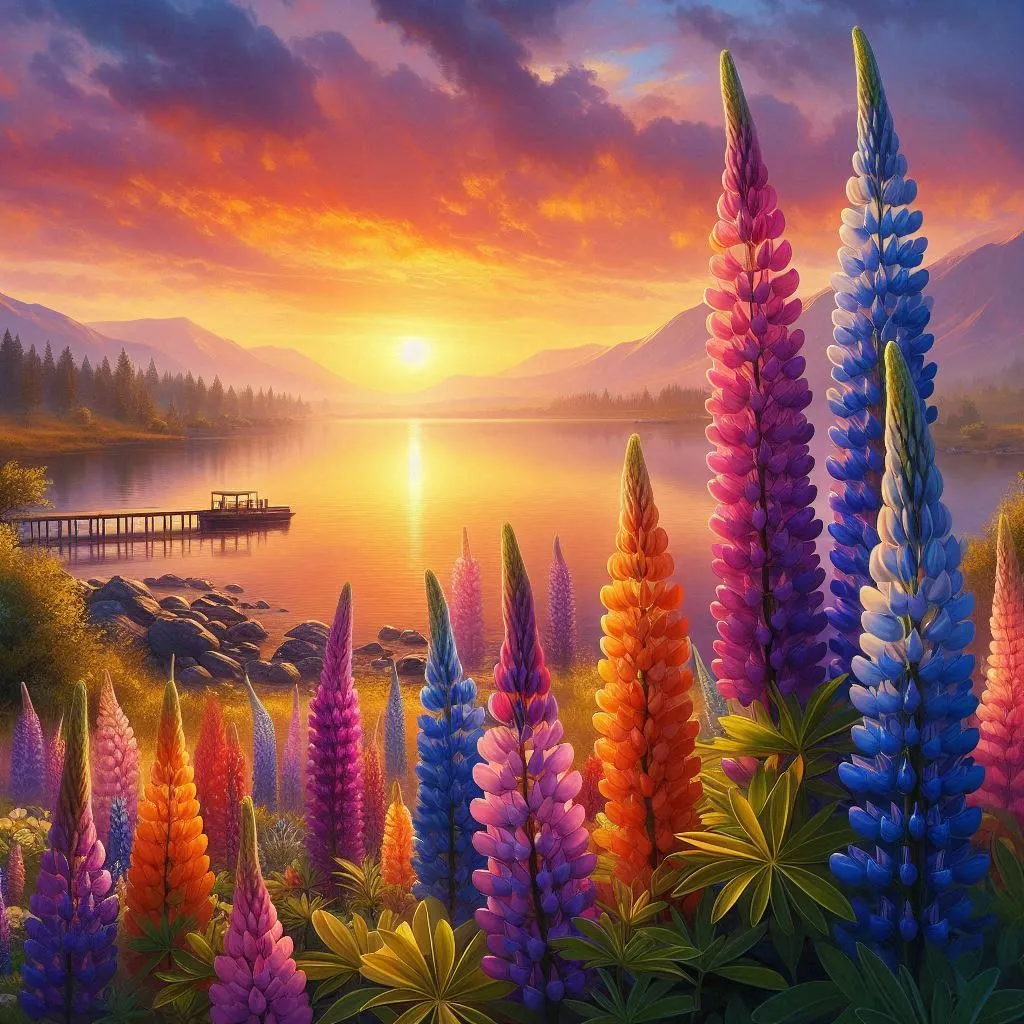 a painting of a sunset over a lake with colorful flowers  Movement is only from the wind