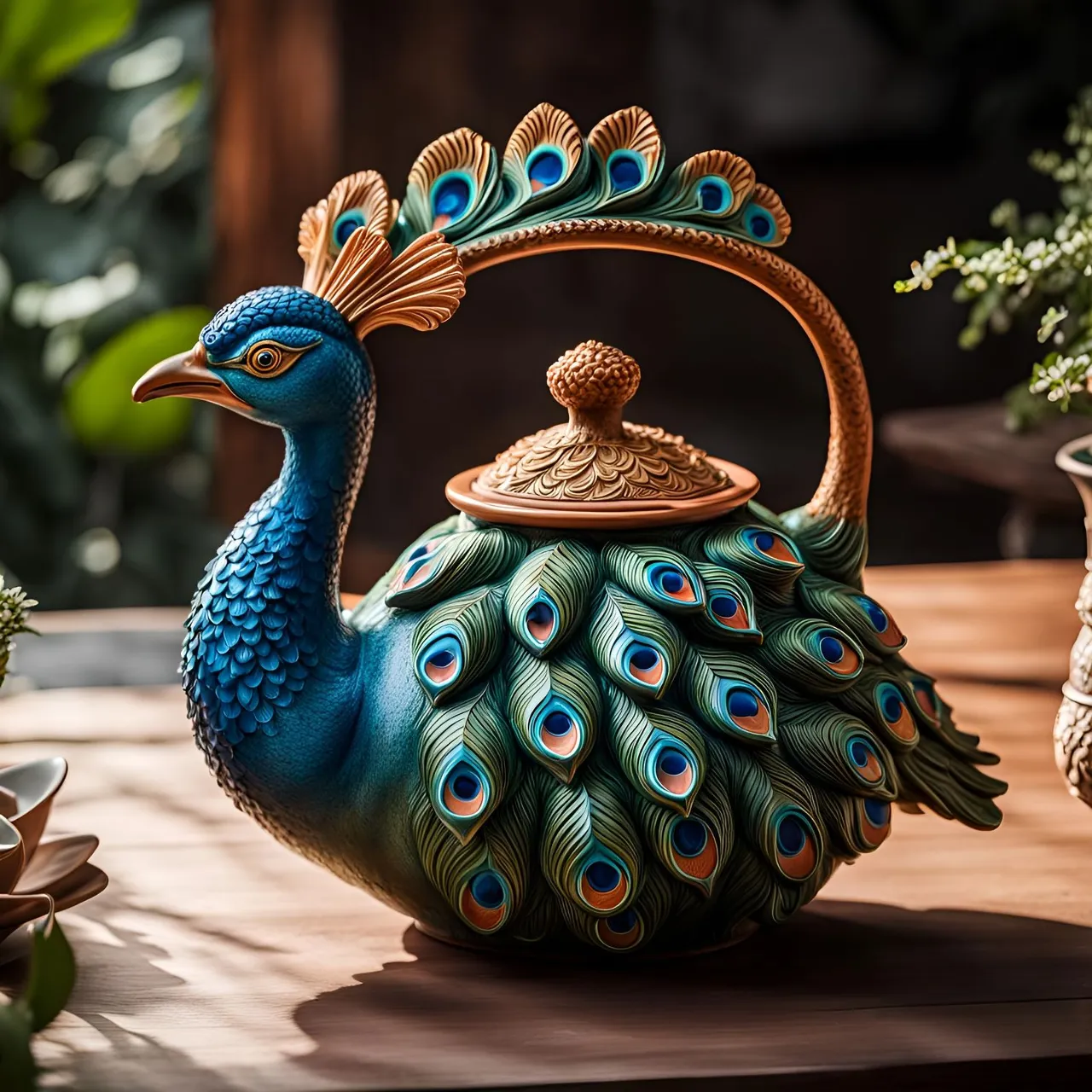 A teapot peacock holding court on a sci-fi table, with light effects and glowing colors