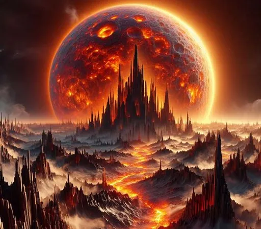 a painting of a city on fire surrounded by mountains