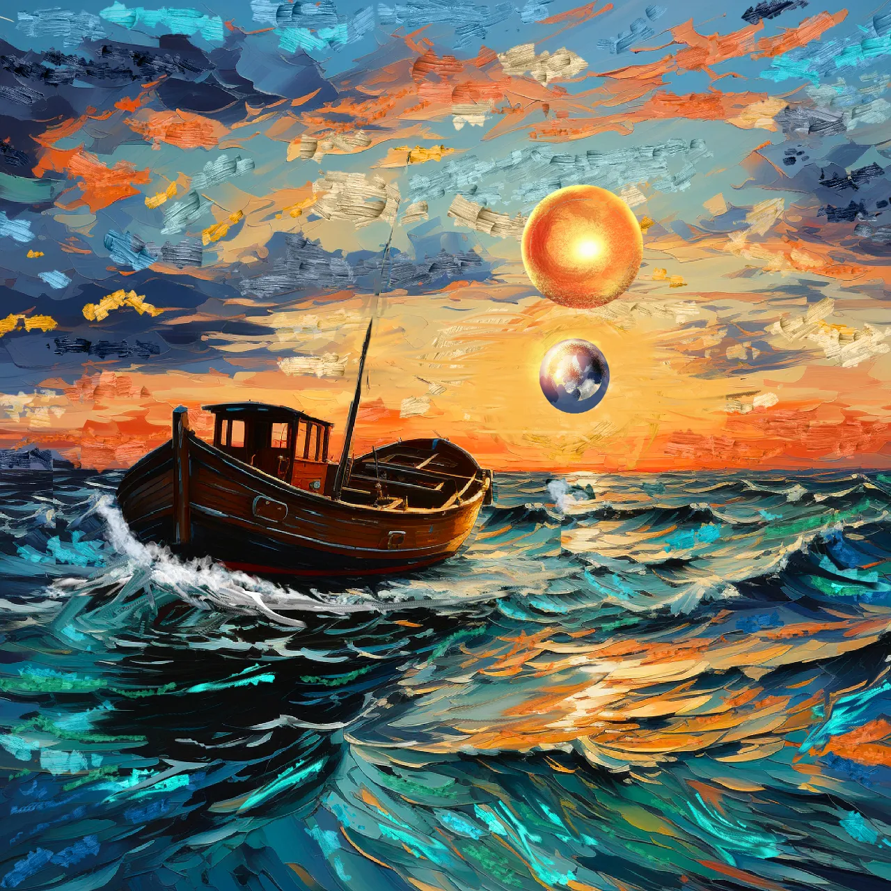 a painting of a boat in the ocean, whit space ship 