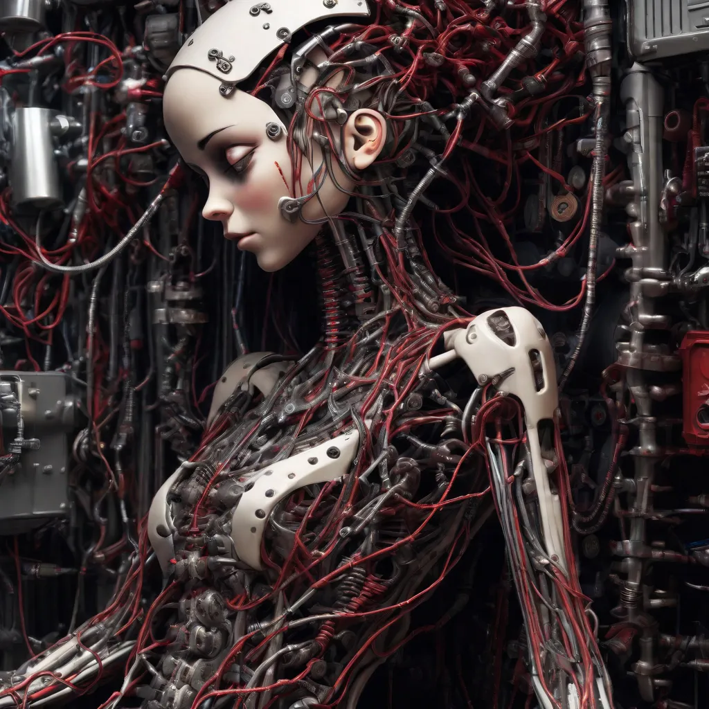 a robot woman is surrounded by wires and wires