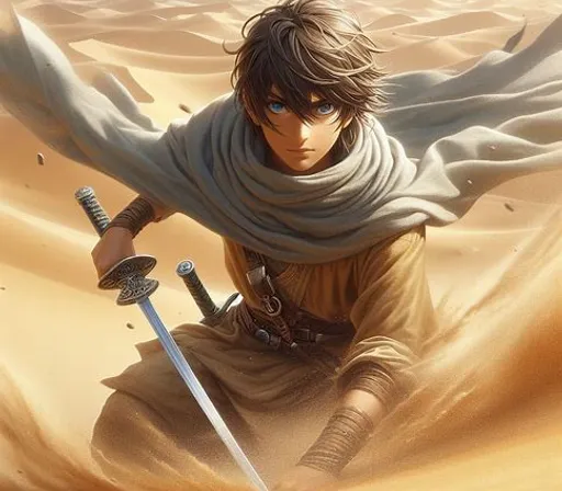 a man with a sword in the desert