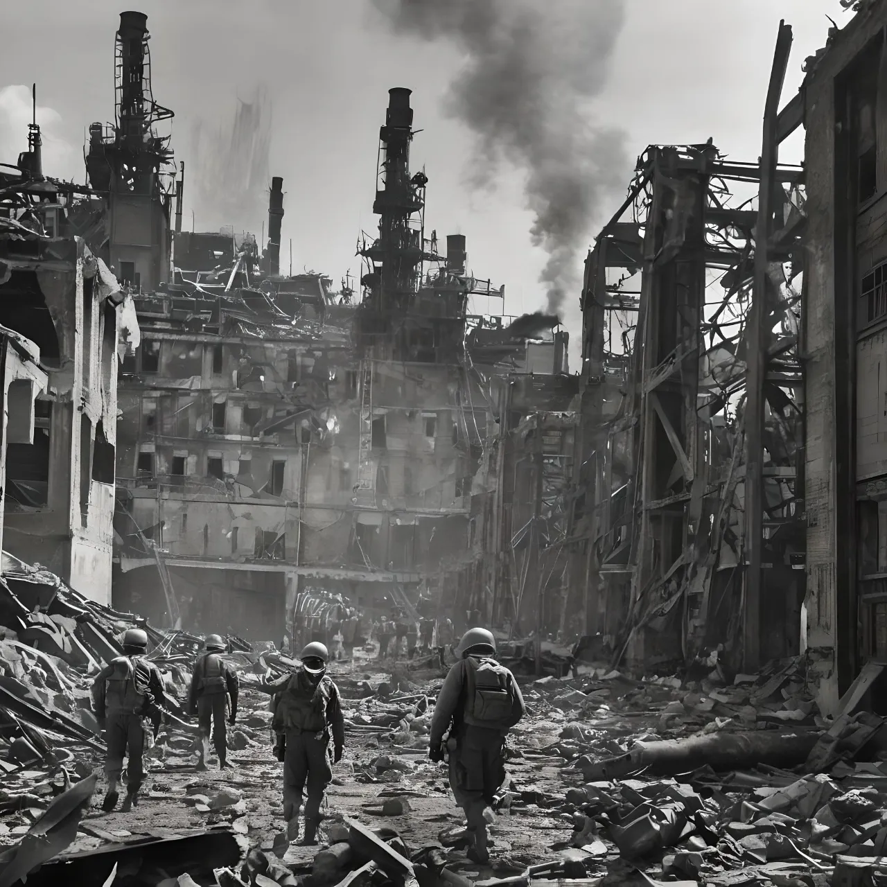 Black and white image, the world after a devastating war, debris, fragments, ruins of a secret factory, 2 soldiers of the resistance, partly people, partly cyborgs assembled from old parts of various equipment and equipment, an explosion in the sky above them