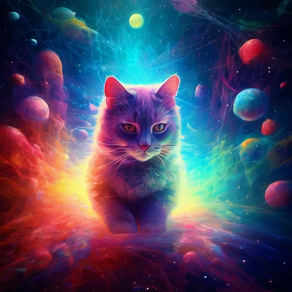 a painting of a cat sitting in the middle of a space filled with planets