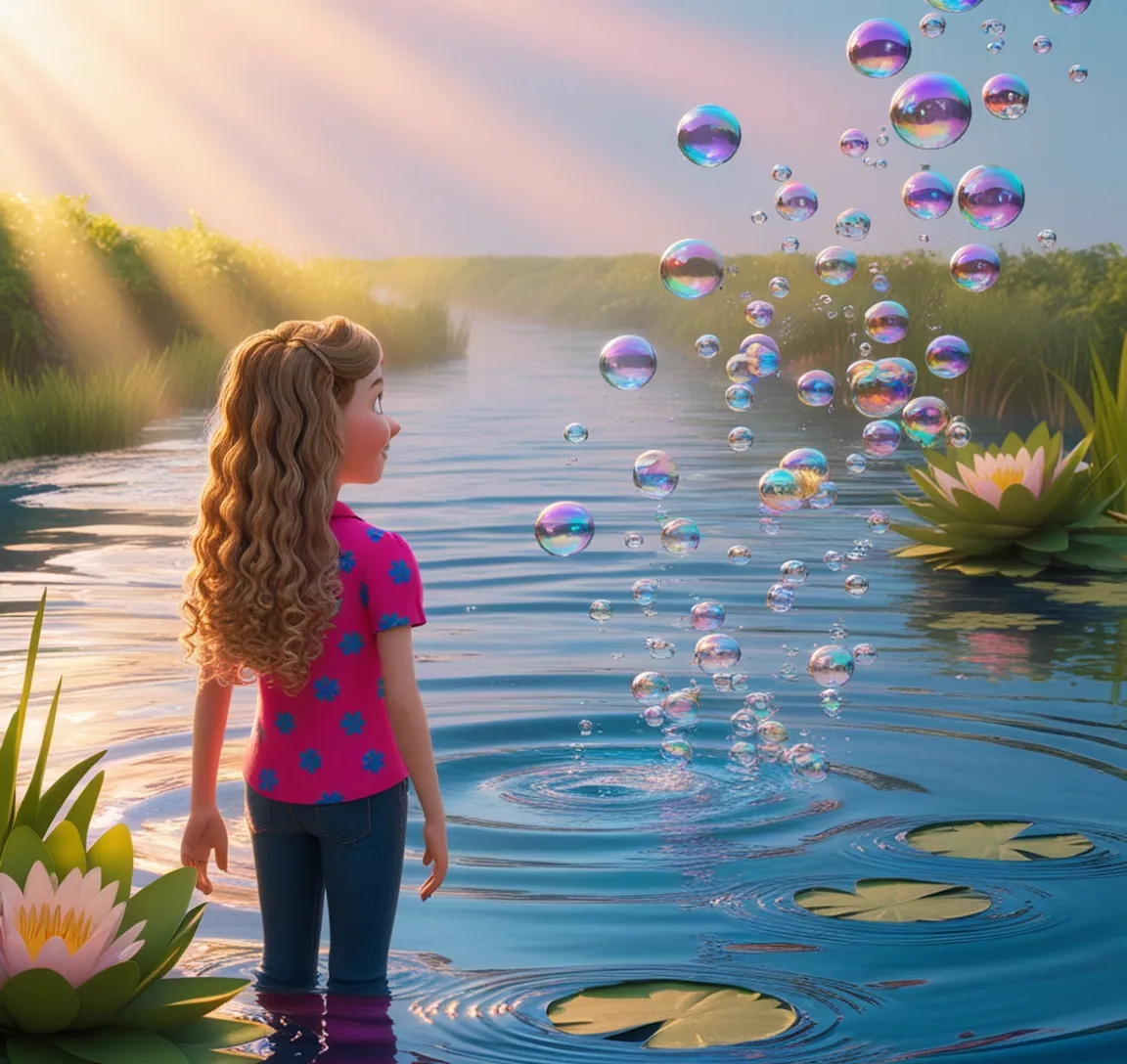 a little girl is standing in the water with bubbles