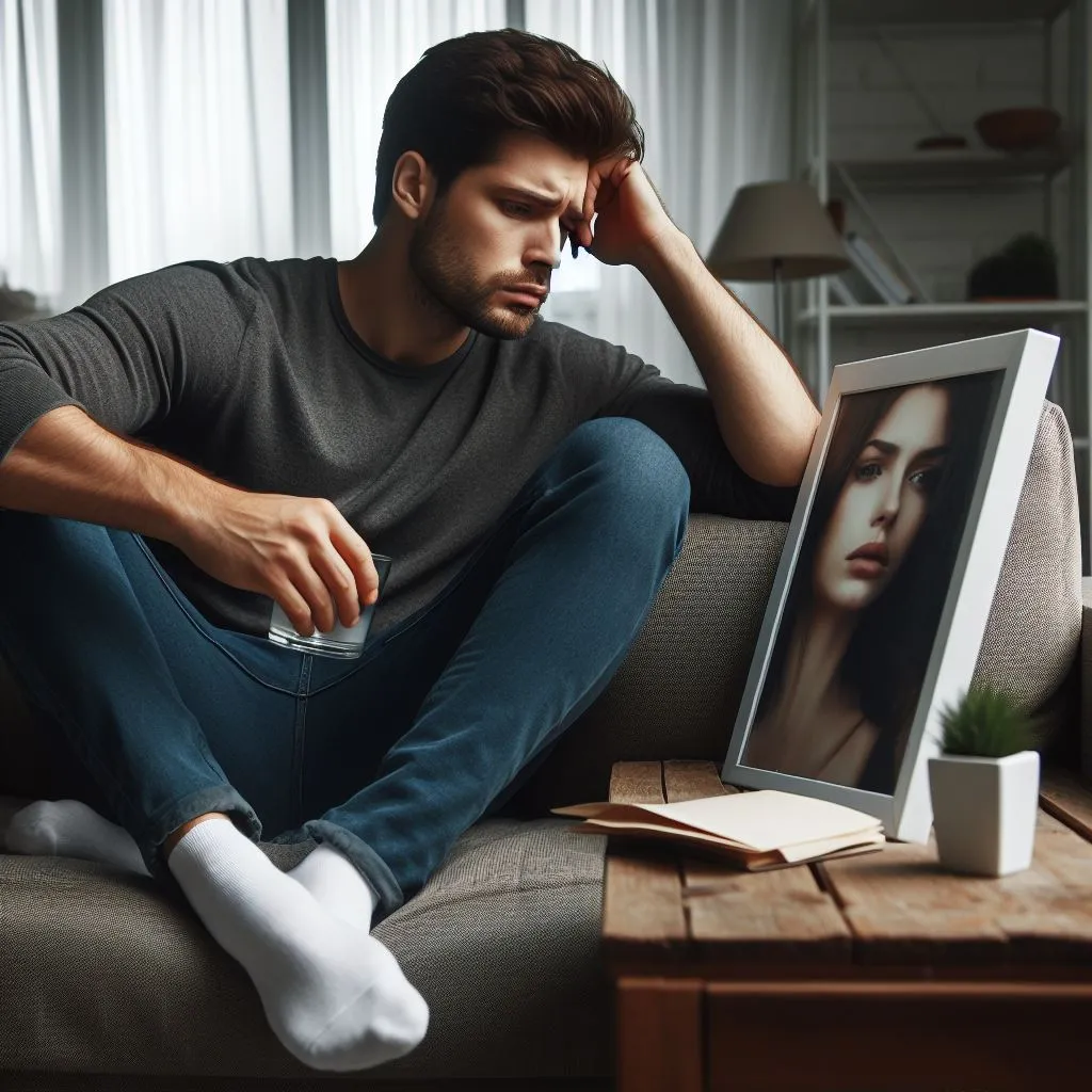 The man sitting alone on the sofa at home looks at a photo of his beloved woman with eyes full of melancholy