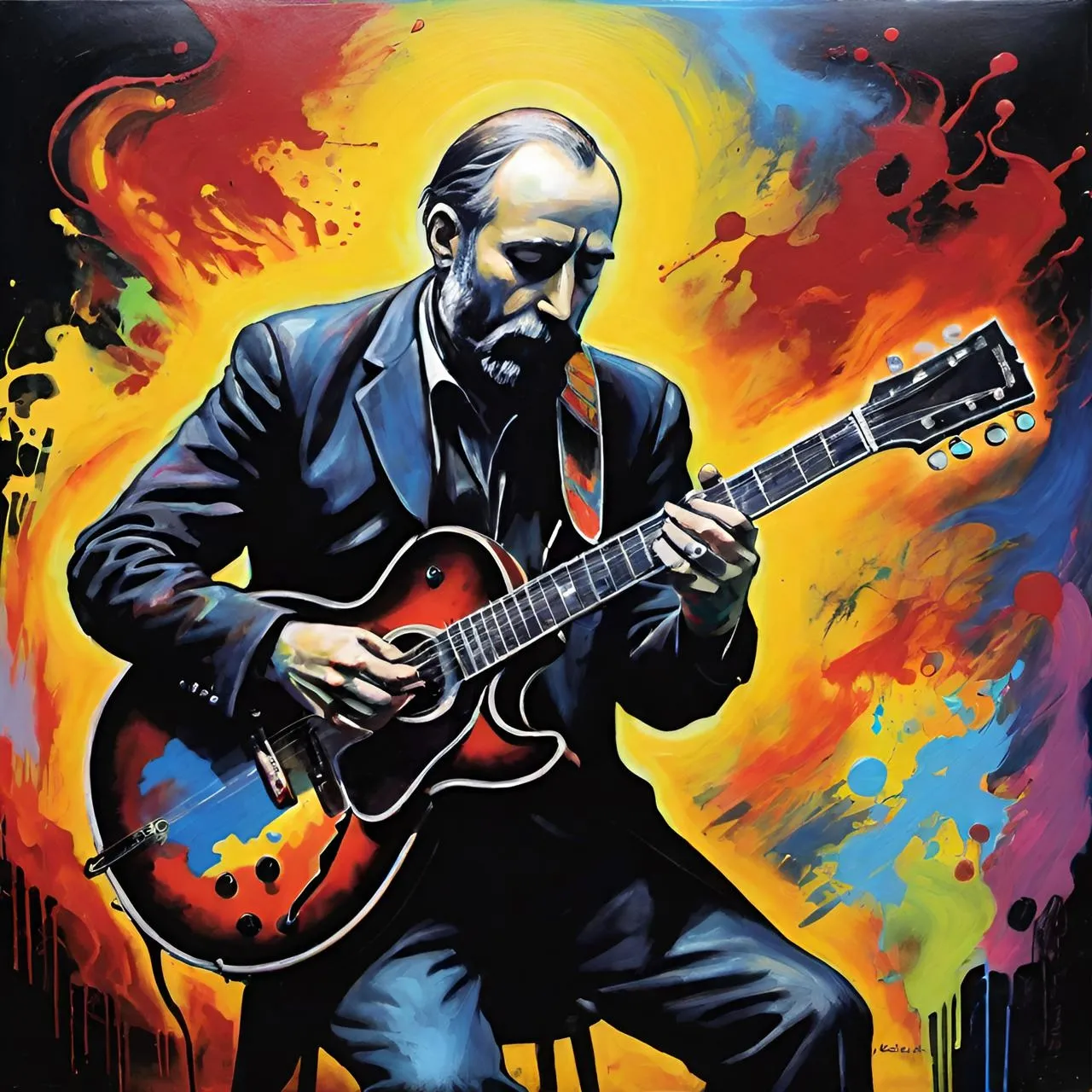 a painting of a man playing a guitar