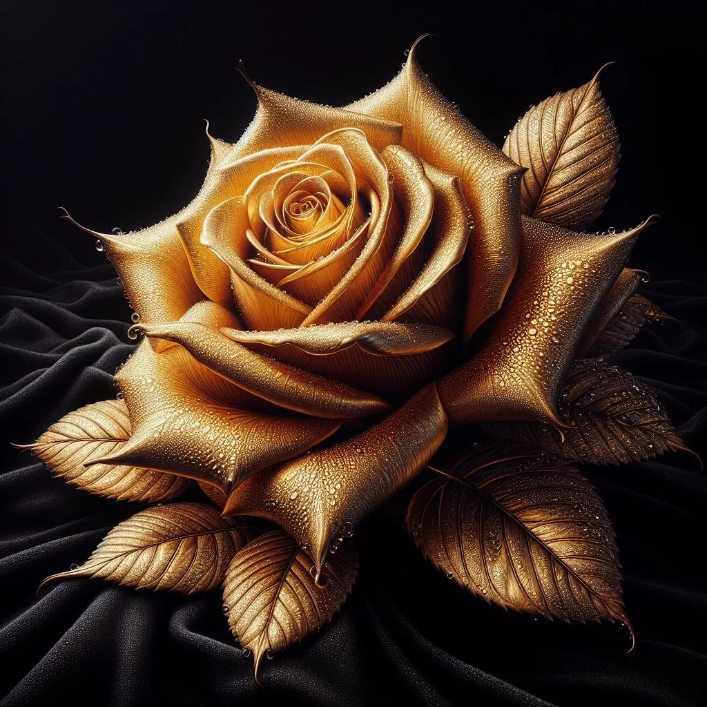 a painting of a gold rose on a black background