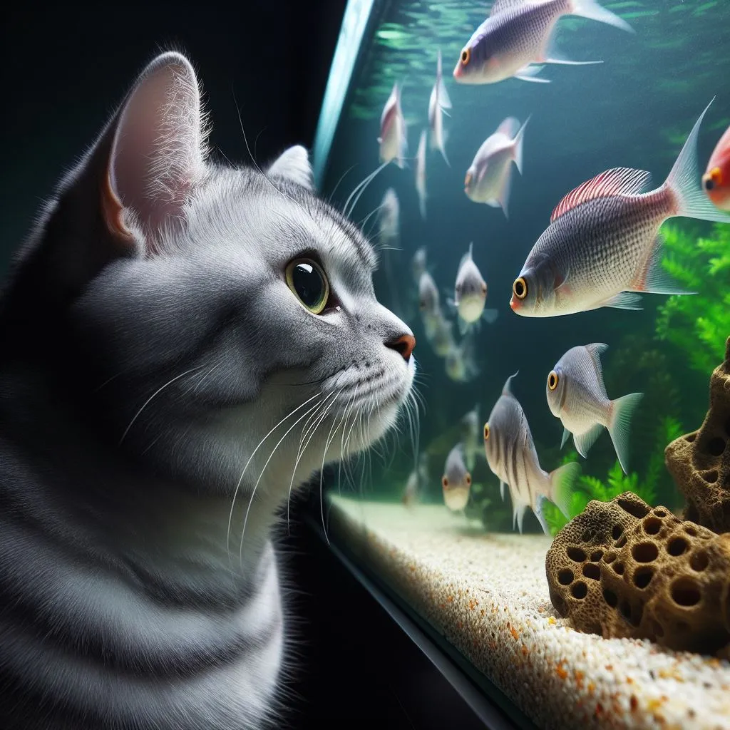 a cat looking at a fish in an aquarium