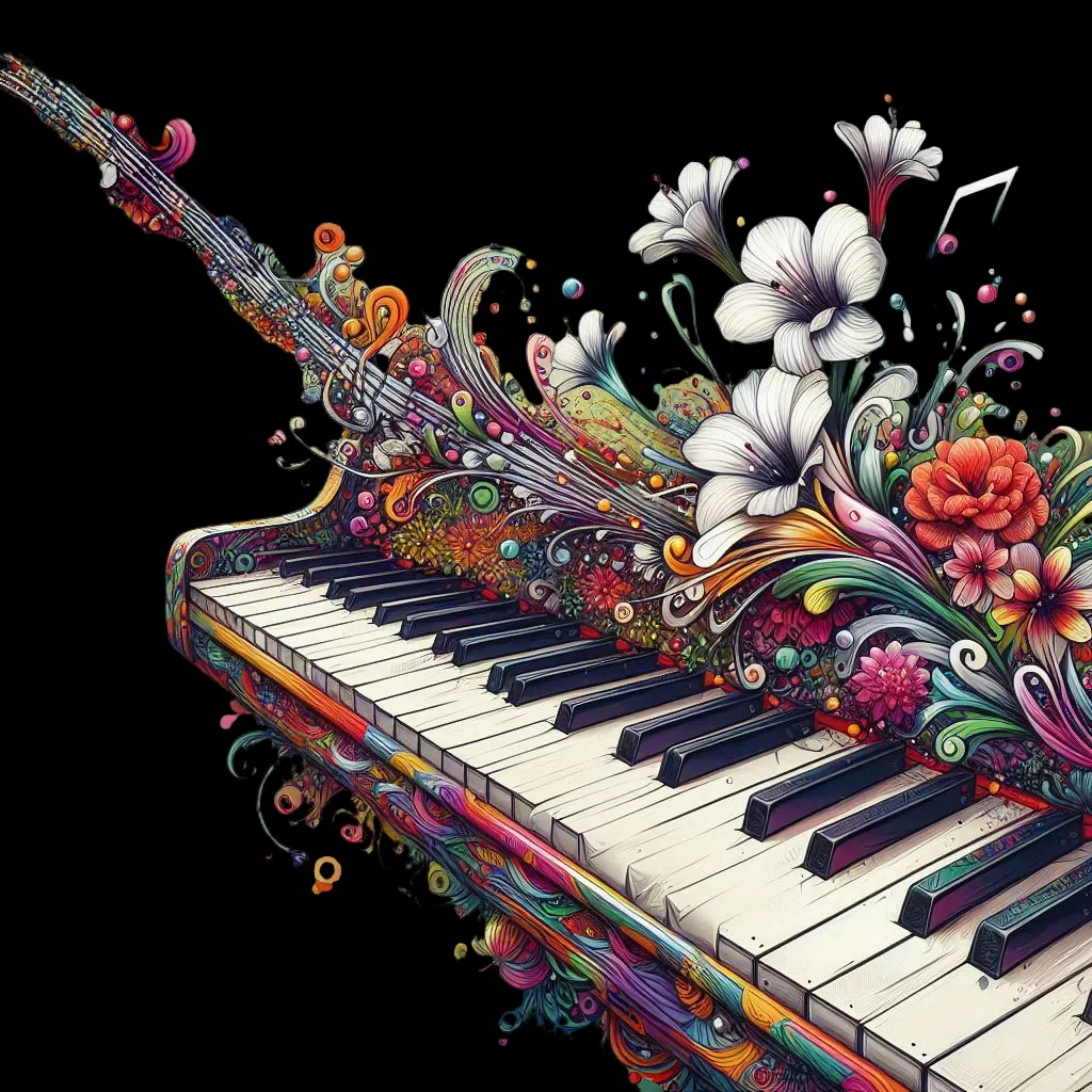 keys playing a piano with flowers and music notes on it