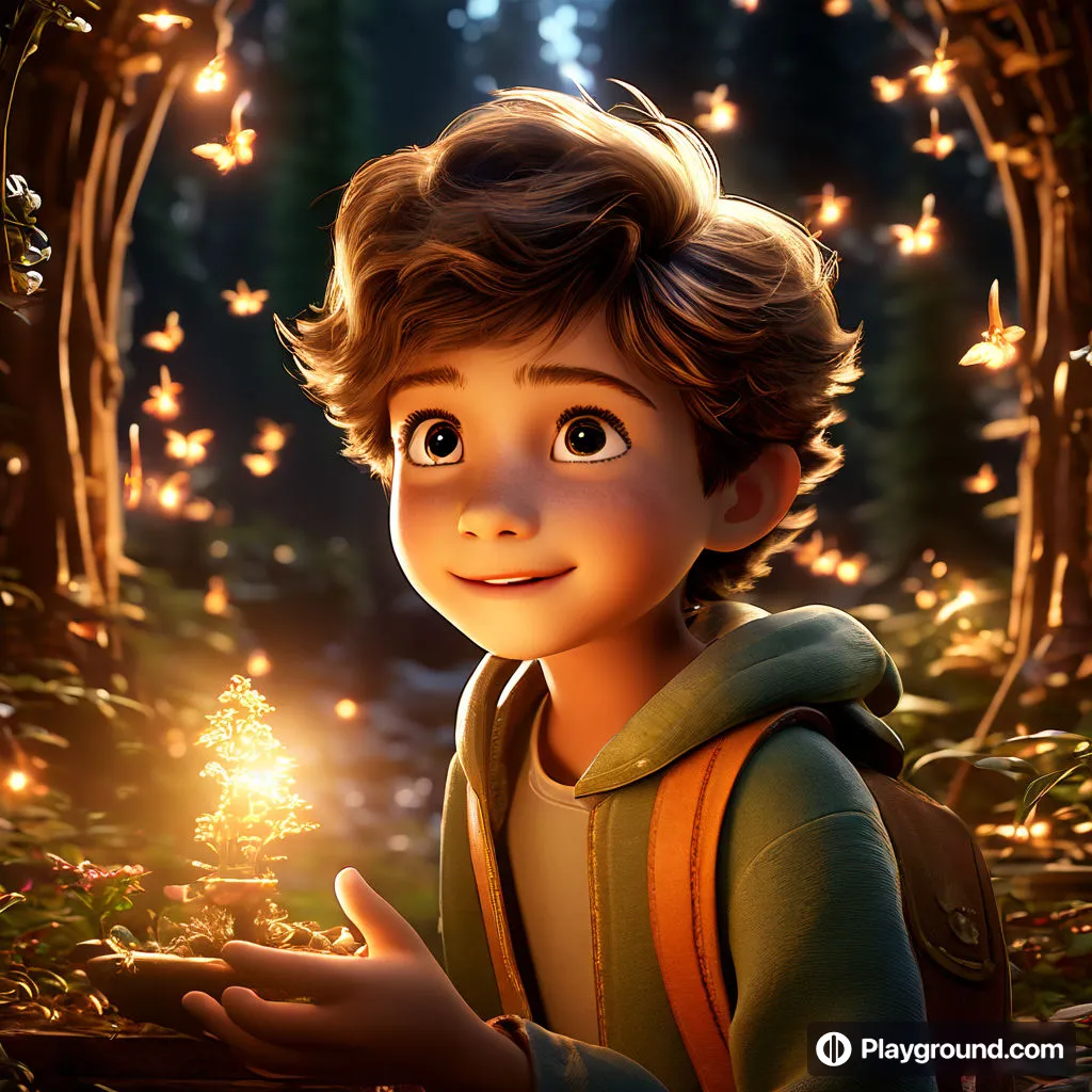 a young boy holding a sparkler in a forest