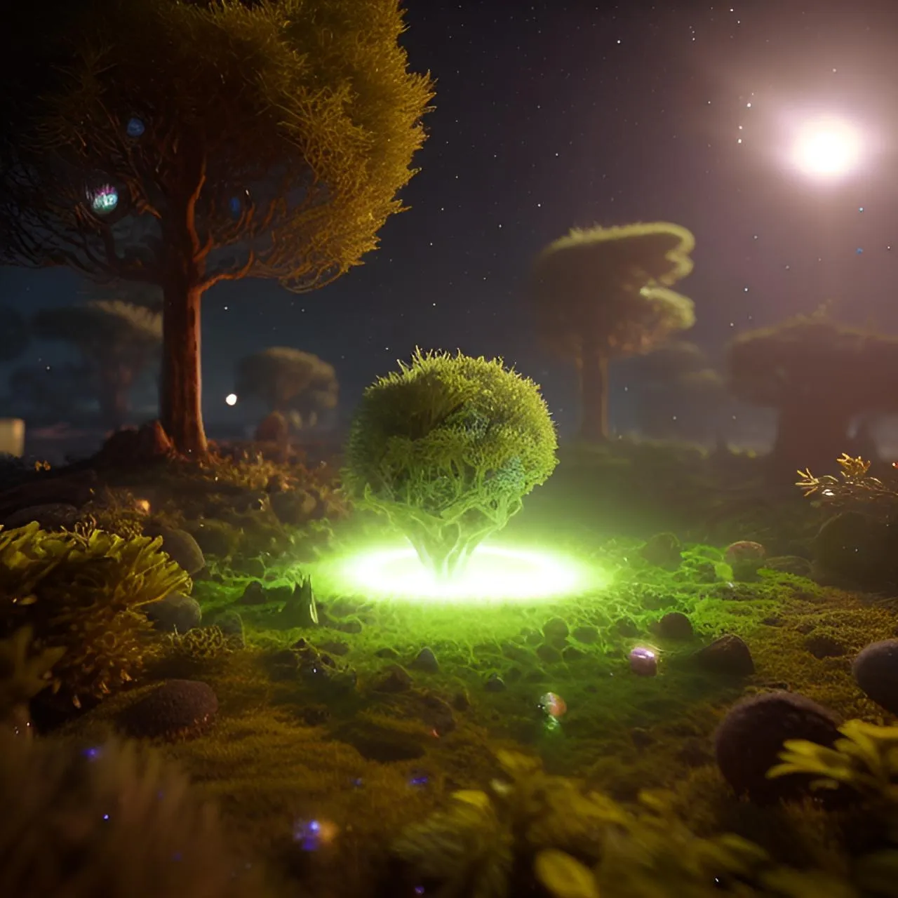 a night time scene of a green light in the grass