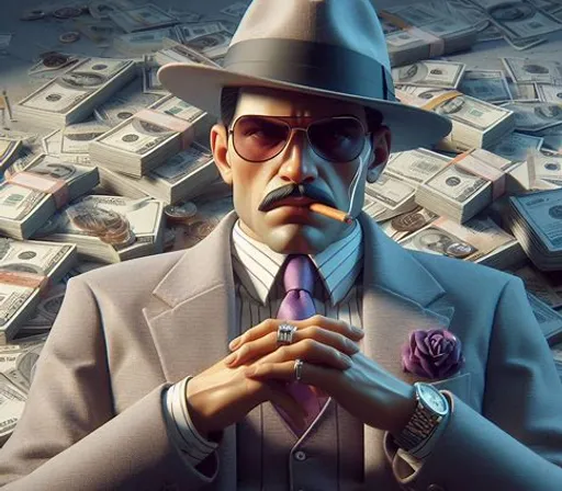 a man in a suit and tie surrounded by money