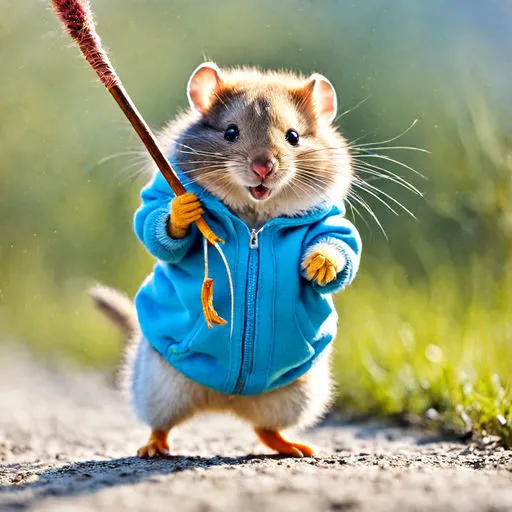 a small rodent in a blue jacket holding a stick