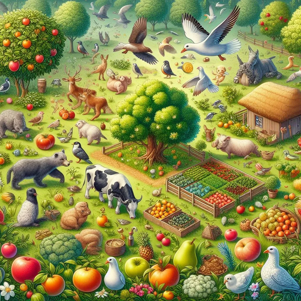 a painting of a farm with animals and birds