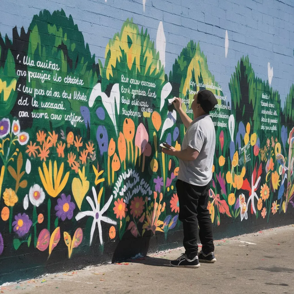 An artist who paints a mural on a city wall, depicting a vibrant and colorful garden with motivational quotes from the song, transforming a gray and anonymous space into an inspirational work of art.