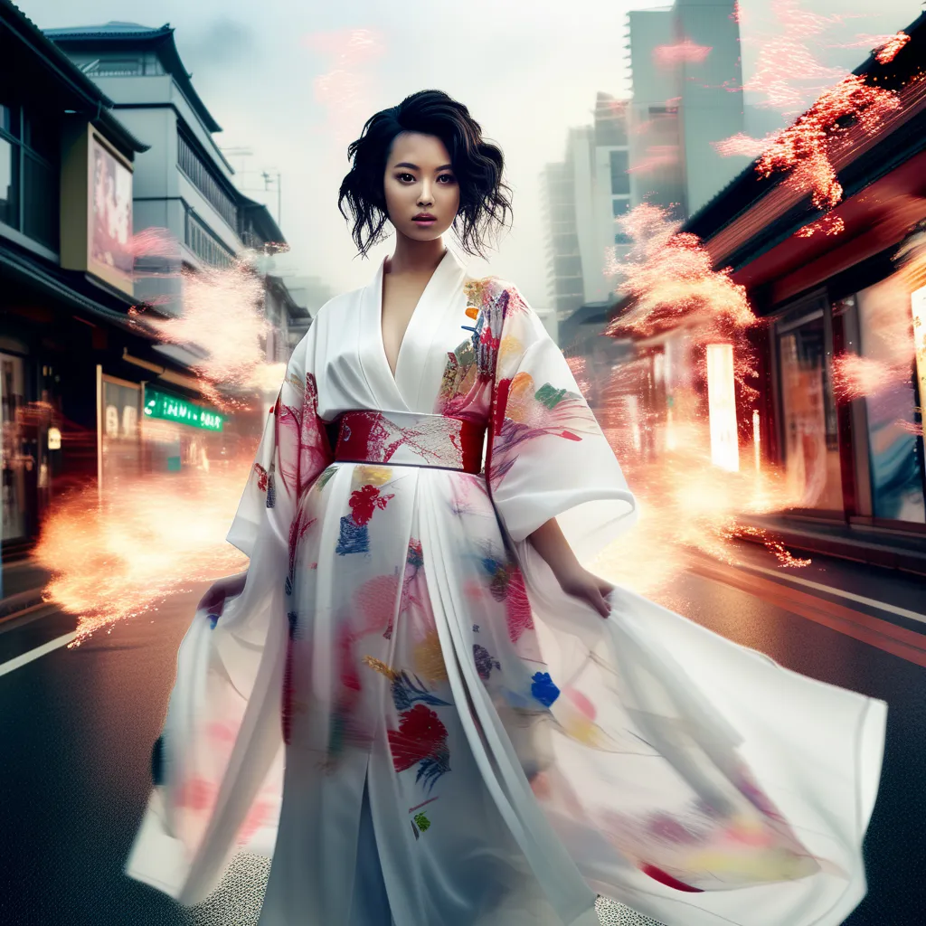 a woman in a kimono walking down a street