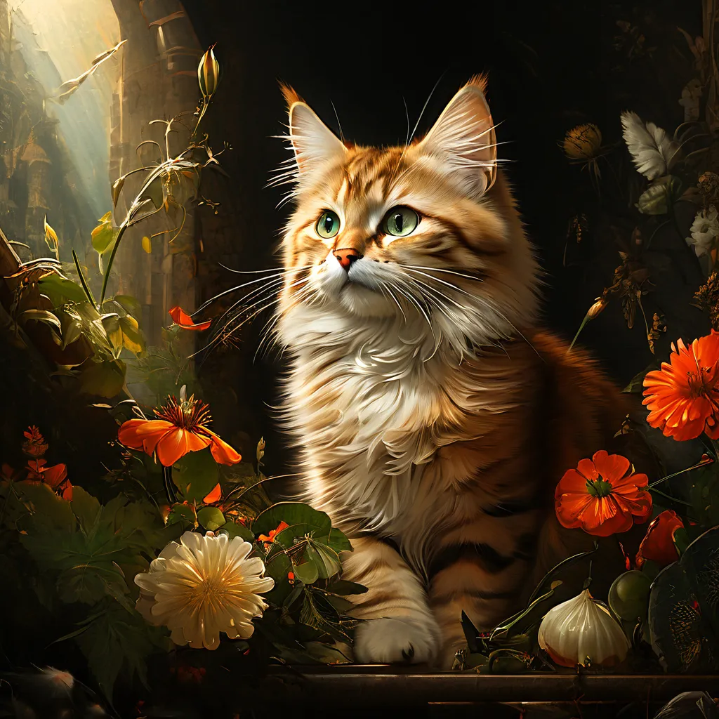 a painting of a cat sitting in a garden of flowers