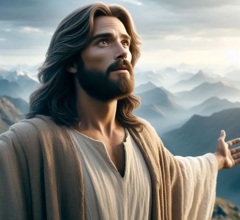 a man with long hair and a beard standing in front of mountains