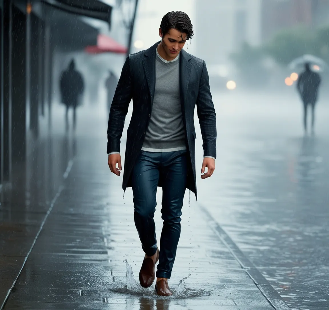 a man walking down a street in the rain