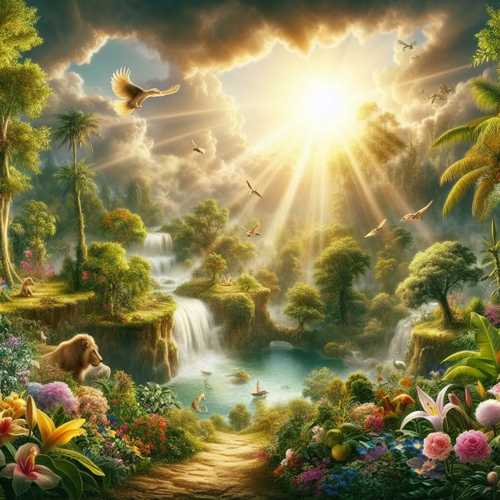 a painting of a jungle scene with a waterfall