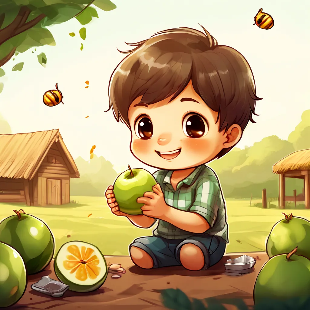 a little boy sitting on the ground holding a green apple