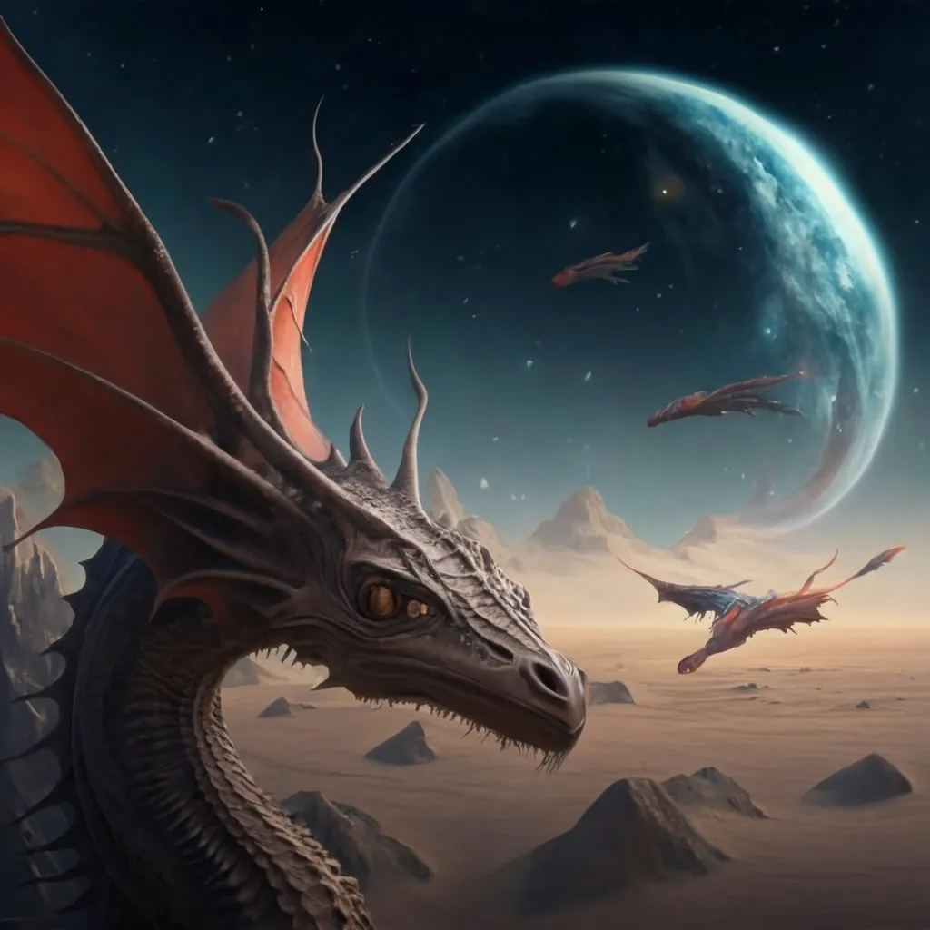 a painting of a dragon with a planet in the background